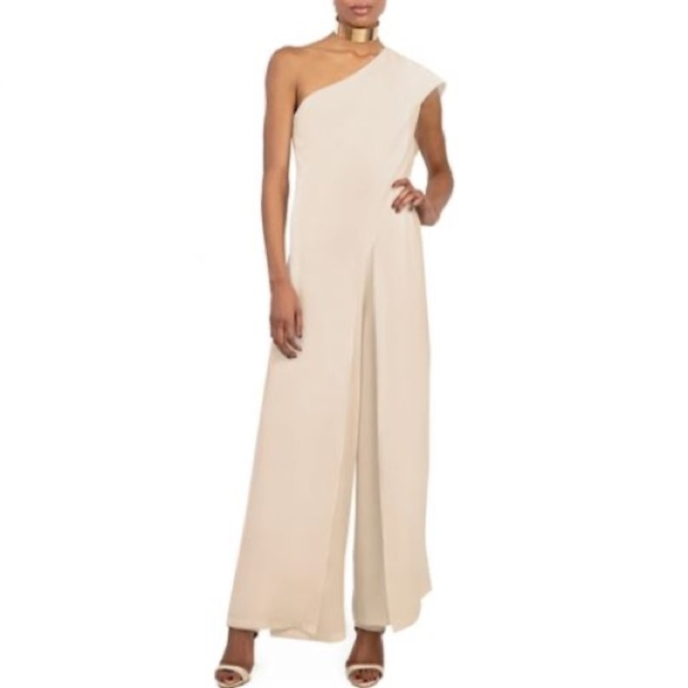 Gracie beige one shoulder jumpsuit